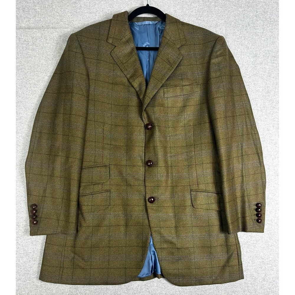 Oxxford Clothes Cashmere Blazer 44R Olive Windowpane Plaid 3-Button Sport Coat